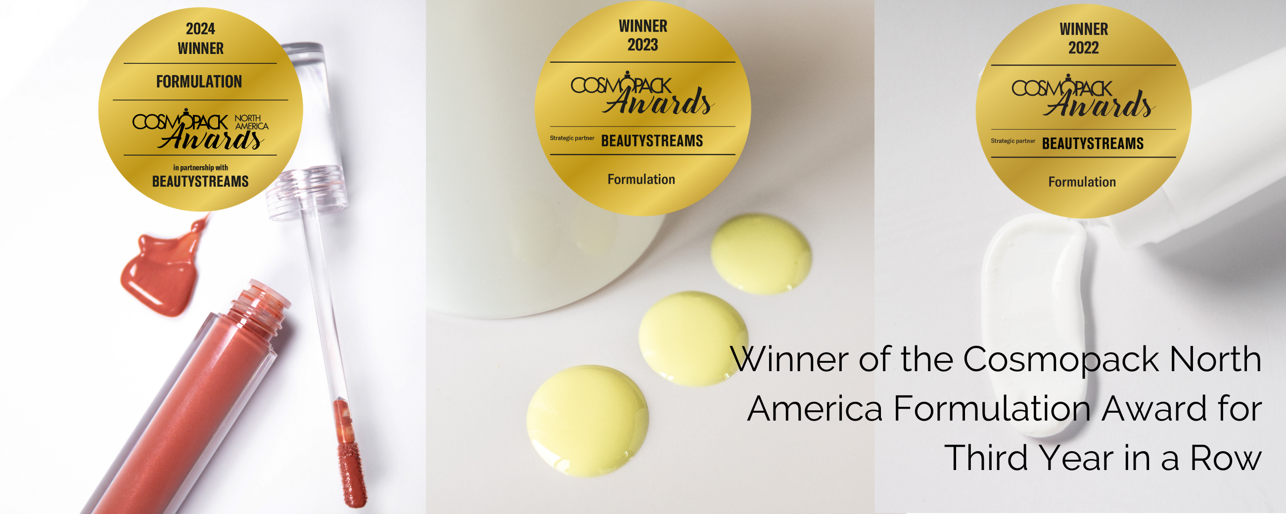 3 An opened bottle of lip oil and drops of face oil sitting on a table.