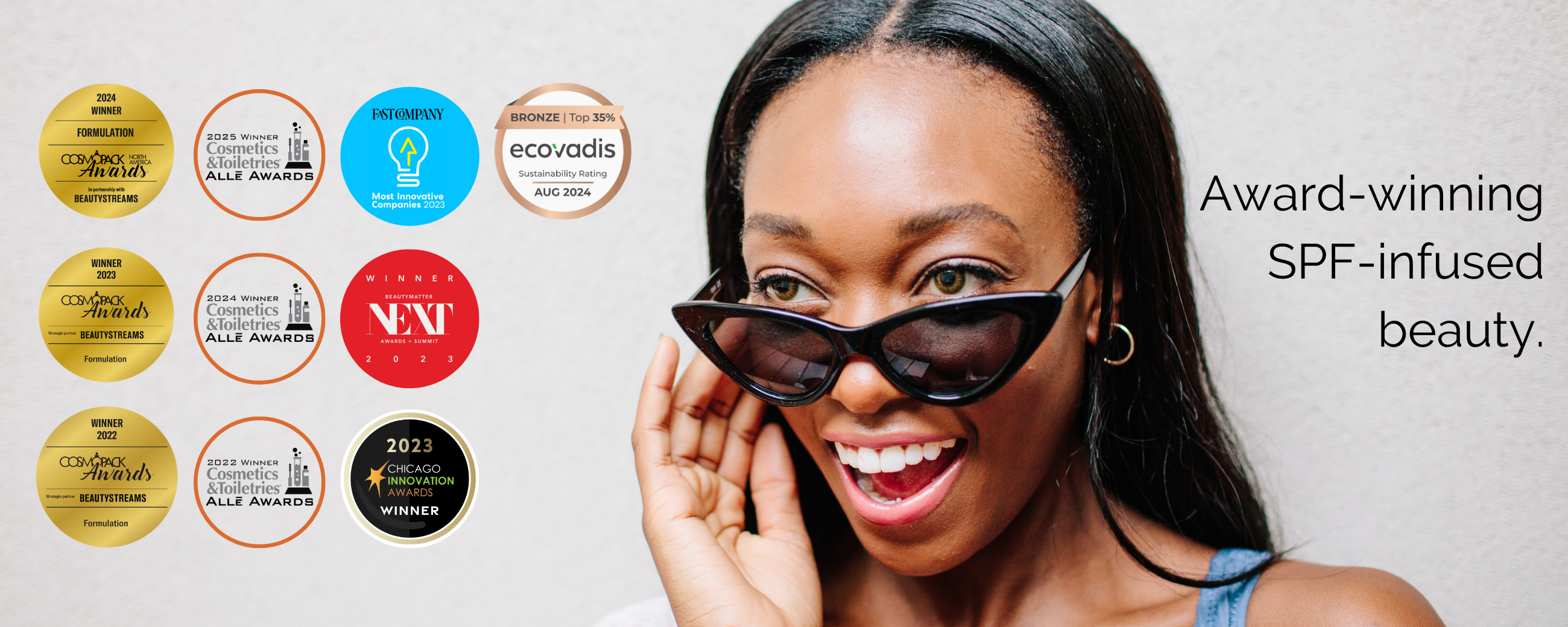 Award-winning SPF-infused beauty. A woman with sunglasses on her face.